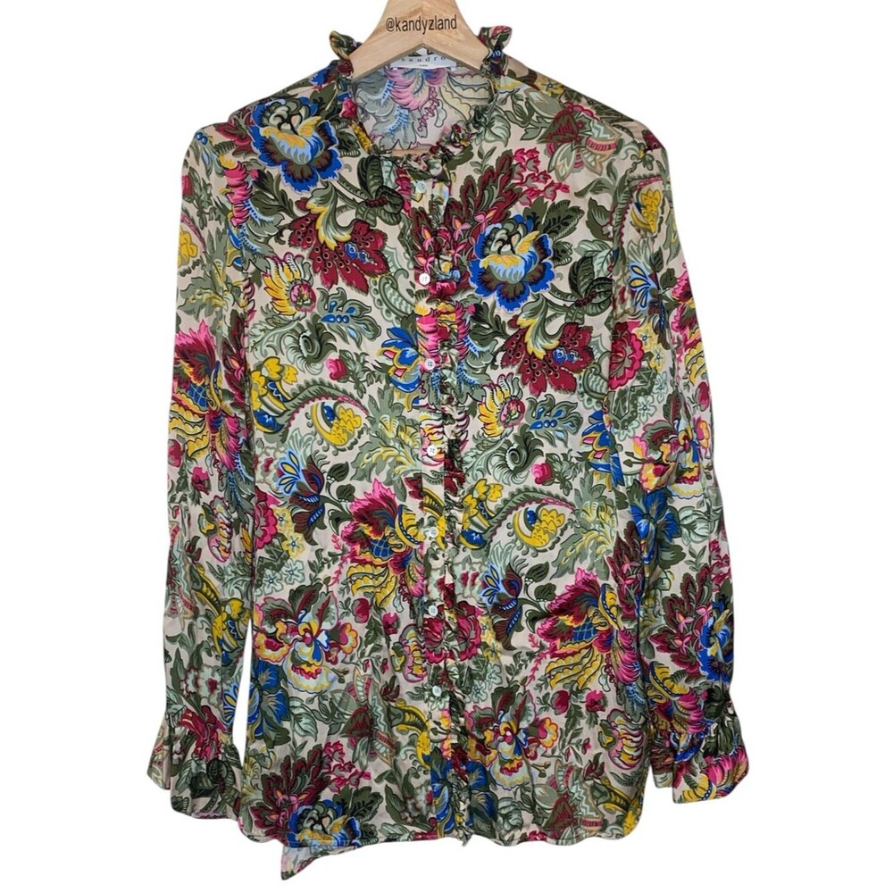 SANDRO Floral Paisley Multicolor Ruffle Trim Blouse Size M/L